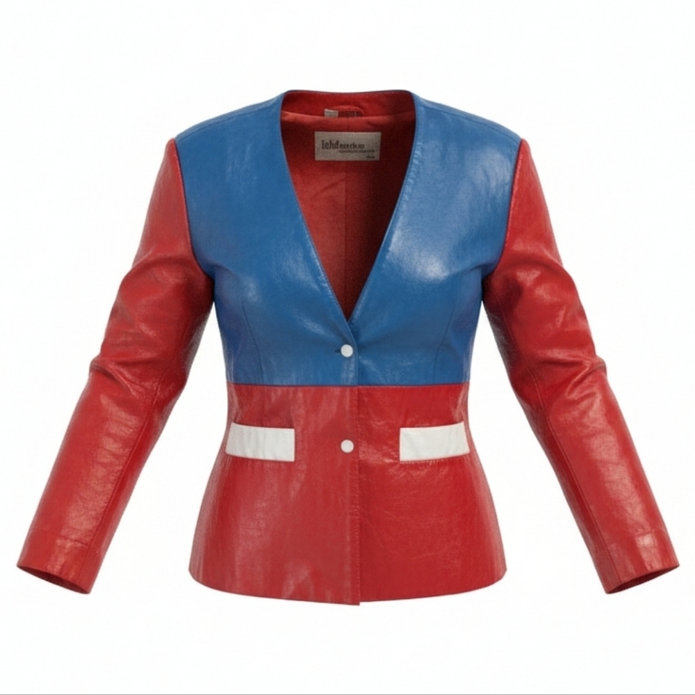 Red White Blue Fitted Wilson Leather Colorblock Moto Jacket Vintage 80s